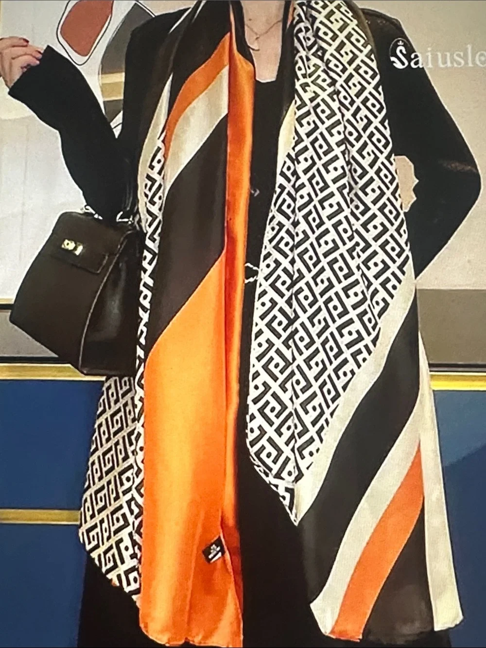 Silk Geometric & Stripe Scarf in Black, Cream & Orange